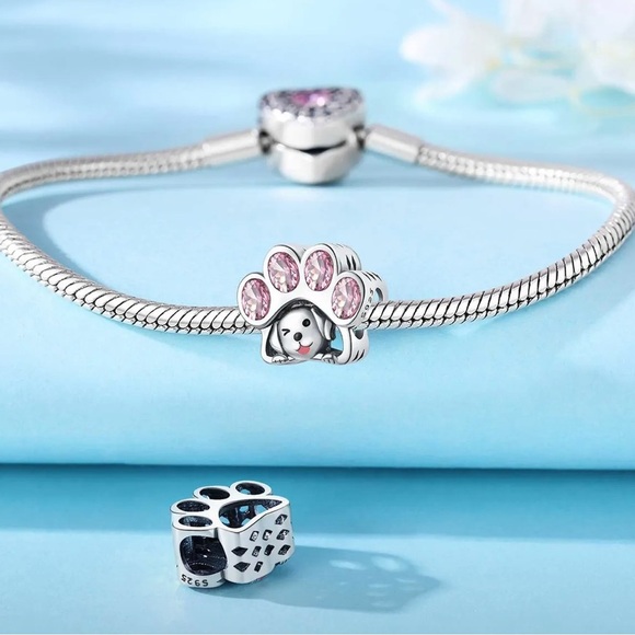 925 Sterling Silver and Pink CZ Dog Paw Charm/Pendant - NWT - Picture 2 of 5
